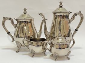 A silver plated part tea service comprising a teapot, a coffee pot (h- 24.5cm), a milk jug, and a