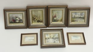 A collection of Lillas Blackie framed works comprising three oil on board studies of floral displays