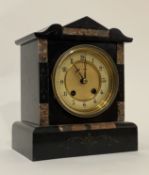 A Victorian slate mantel clock, the case inset with rouge marble panels, with gilt and ivorine