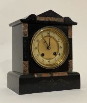 A Victorian slate mantel clock, the case inset with rouge marble panels, with gilt and ivorine