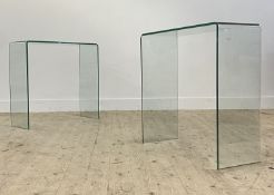 A pair of contemporary line bent glass console tables H77cm, W81cm, D30cm