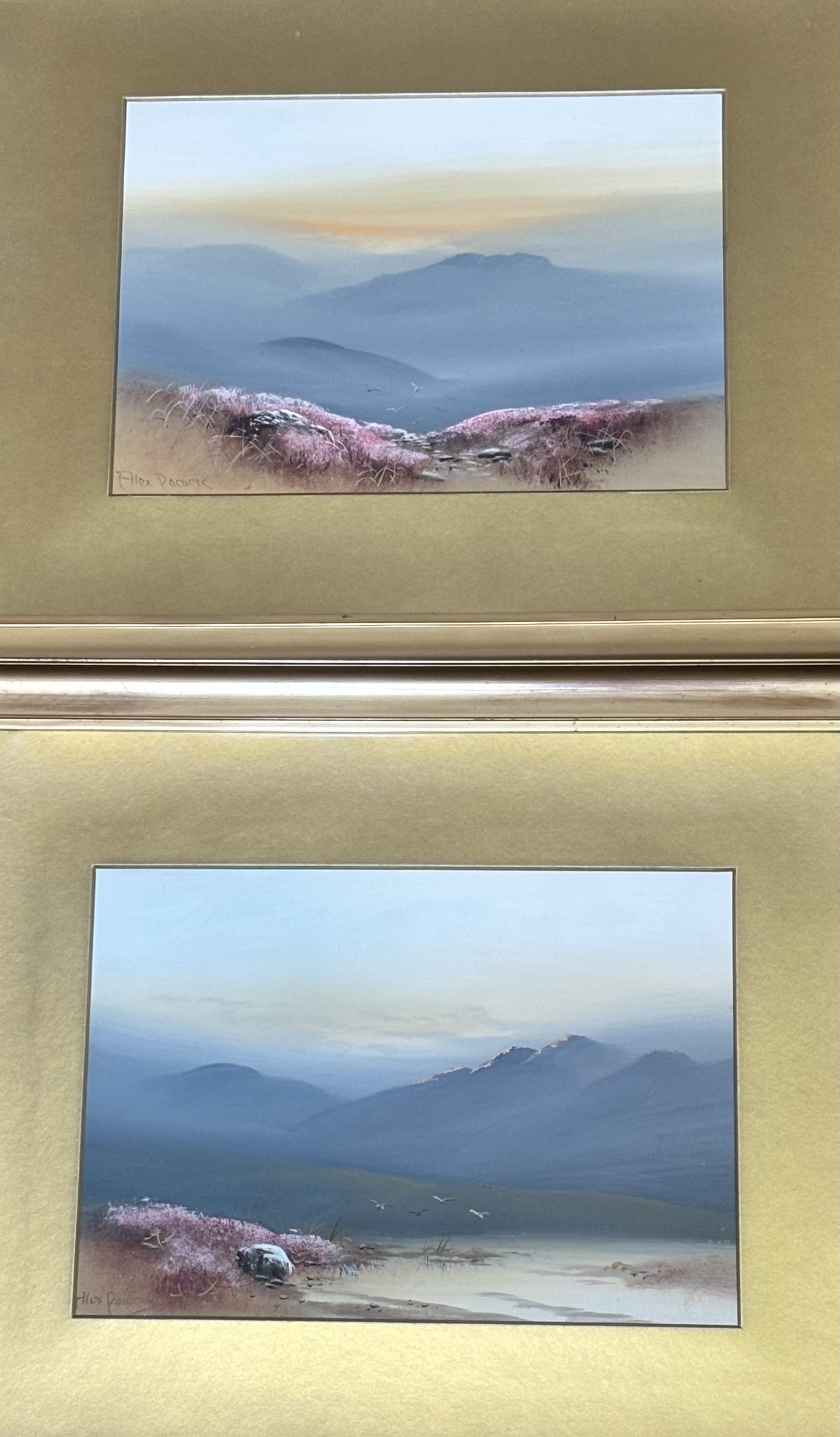 A pair of Alex Pocock works, one a view of a highland landscape, the other a view of a highland