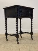 An early 20th century oak table canteen, the lift up lid and drawer both with baize lined interiors,