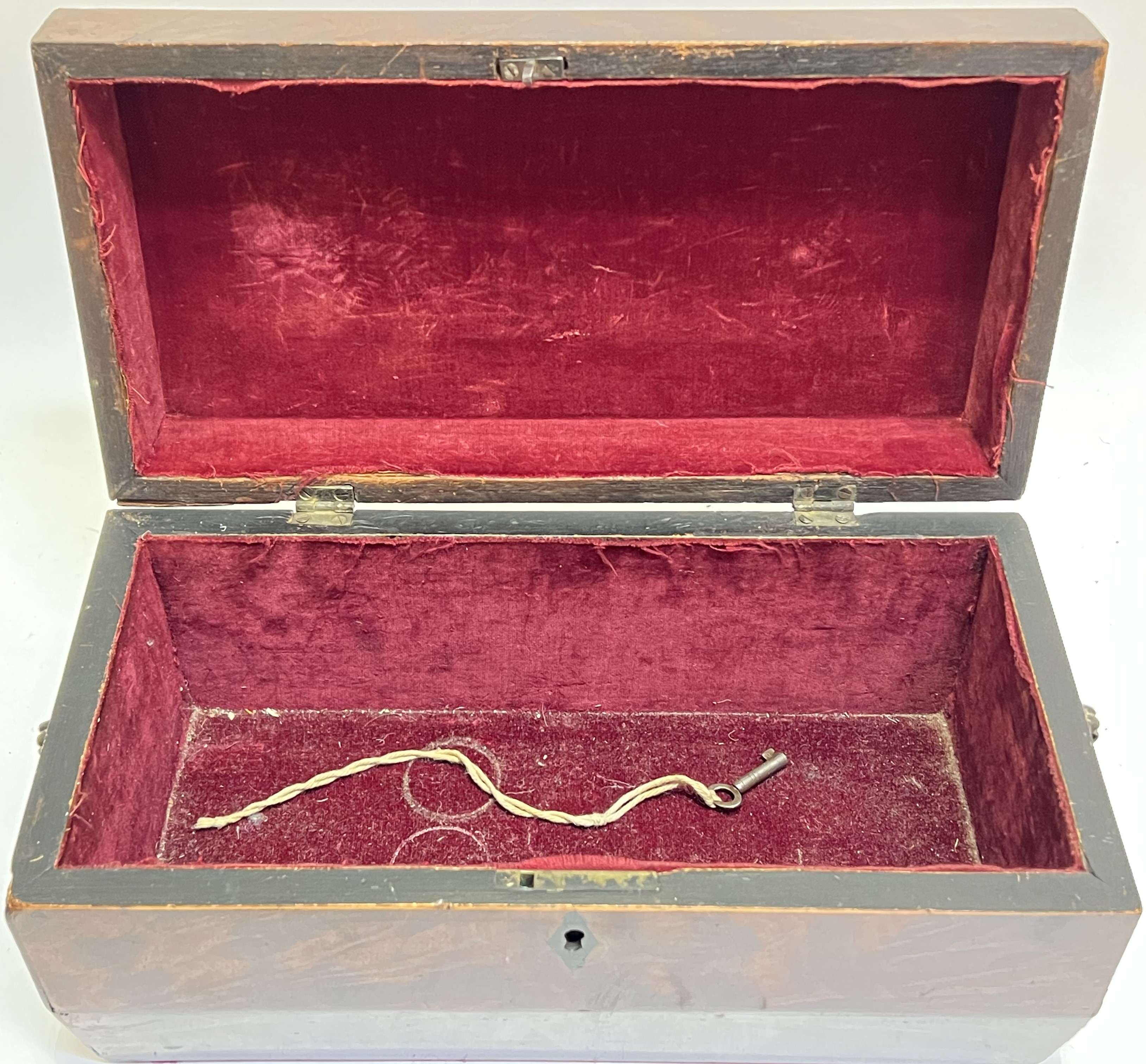 A Regency period boxwood and ebony strung mahogany tea caddy with applied brass side-handles - Image 2 of 3