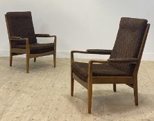 Cintique, a pair of mid century stained beech open armchairs with upholstered seat and back cushions