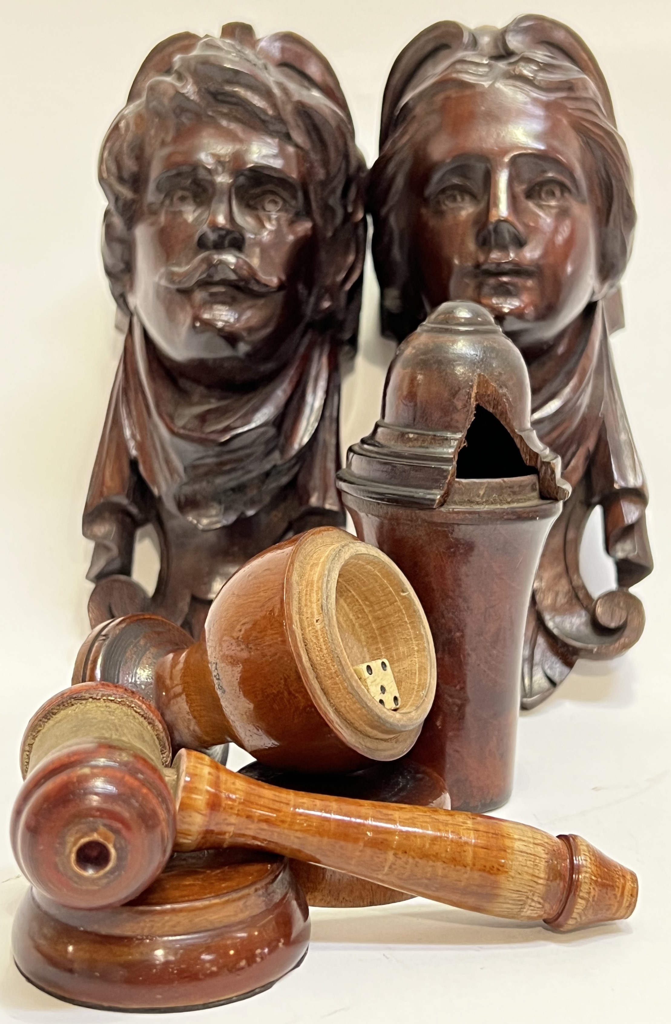 A group of carved wood/treen comprising two wall mounted figural ornaments (h- 19cm), a gavel and