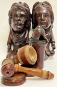 A group of carved wood/treen comprising two wall mounted figural ornaments (h- 19cm), a gavel and