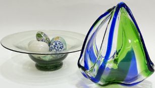 An Italian blown glass green/blue abstract form vase/bowl (h- 22cm, w- 21cm), together with a