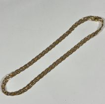 A 18ct three coloured gold woven flat link necklace with clasp fastening, (L x 18cm. 20.1g