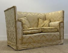 An early to mid 20th century square back settee, upholstered in tasseled gilt damask, raised on