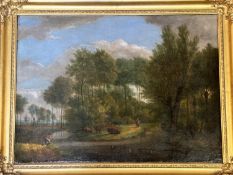 C.J Vanderborcht, Riverbank Scene with Cows, Ducks and Farmers to background,