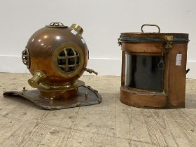 A 20th century brass mounted copper model of a divers helmet (H38cm) together with a 19th century