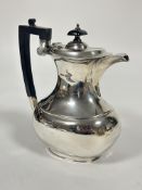 A Sheffield silver oaval baluster coffee pot with balk bakolite knop and handle to side, ( H x