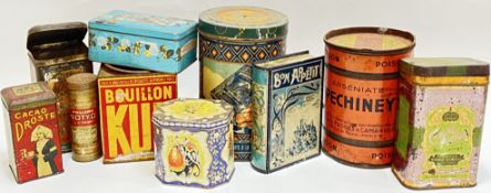 A group of vintage French/Continental tins including Bouillon, chocolate, poison etc... (largest
