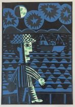 Ian MacIntyre, Moonlight, Pittenweem, linocut 3/8 in lined mounted glazed frame (signed pencil