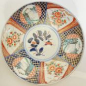 A Japanese Imari style dish/charger with panel decoration depicting floral sprays and landscape