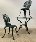 A pair of 19th century style green painted cast aluminium garden chairs with anthemion and Greek key