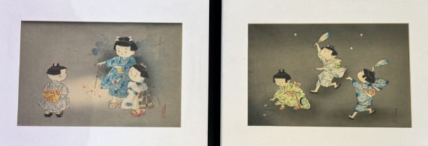 A pair of Japanese prints depicting children playing, signed Hitoshi Kiyohara, both in a wooden