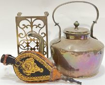 A large Victorian copper kettle with loop handle (h- 34cm, w- 39cm), together with a brass trivet