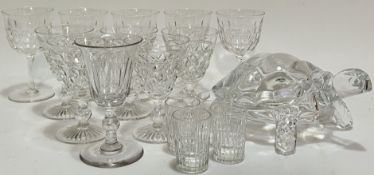 A mixed group of glass comprising five cut crystal sherry glasses (h- 11.5cm), five smaller