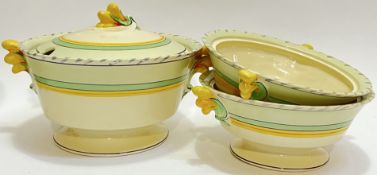 A Woods Ivory Ware tureen with yellow and green decoration (marked verso) (h- 19cm, w- 30cm),