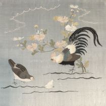 Unknown artist, silk work / hand stitched panel of three birds pecking on a rococo blue