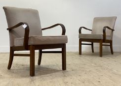 Parker Knoll, a pair of vintage ash and oak open arm chairs, each with bentwood arms, upholstered