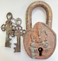 A red painted pad lock and keys, decorated with low-relief Lord Ganesh on lotus throne (h- 11cm)