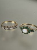 A 9ct gold half eternity style ring set seven clear stones, O, 2g and a 9ct gold water opal and