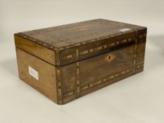 A Victorian walnut jewellery or sewing box, the exterior with lozenge and tumbridge ware inlay,