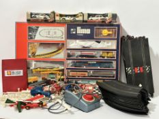 A collection of vintage toys comprising a Lima Trains set, two Scalextric Rally cards, a model motor