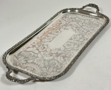 A Sheffield plated engraved two handled drinks serving tray of rectangular rounded angle form with