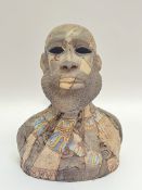A modern/contemporary hand-built studio pottery bust/sculpture of a man with ammonite design (marked