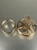 A 9ct gold wedding band, P and a yellow metal pierced open pendant set Maltese Cross, ( D x 3cm) (2)