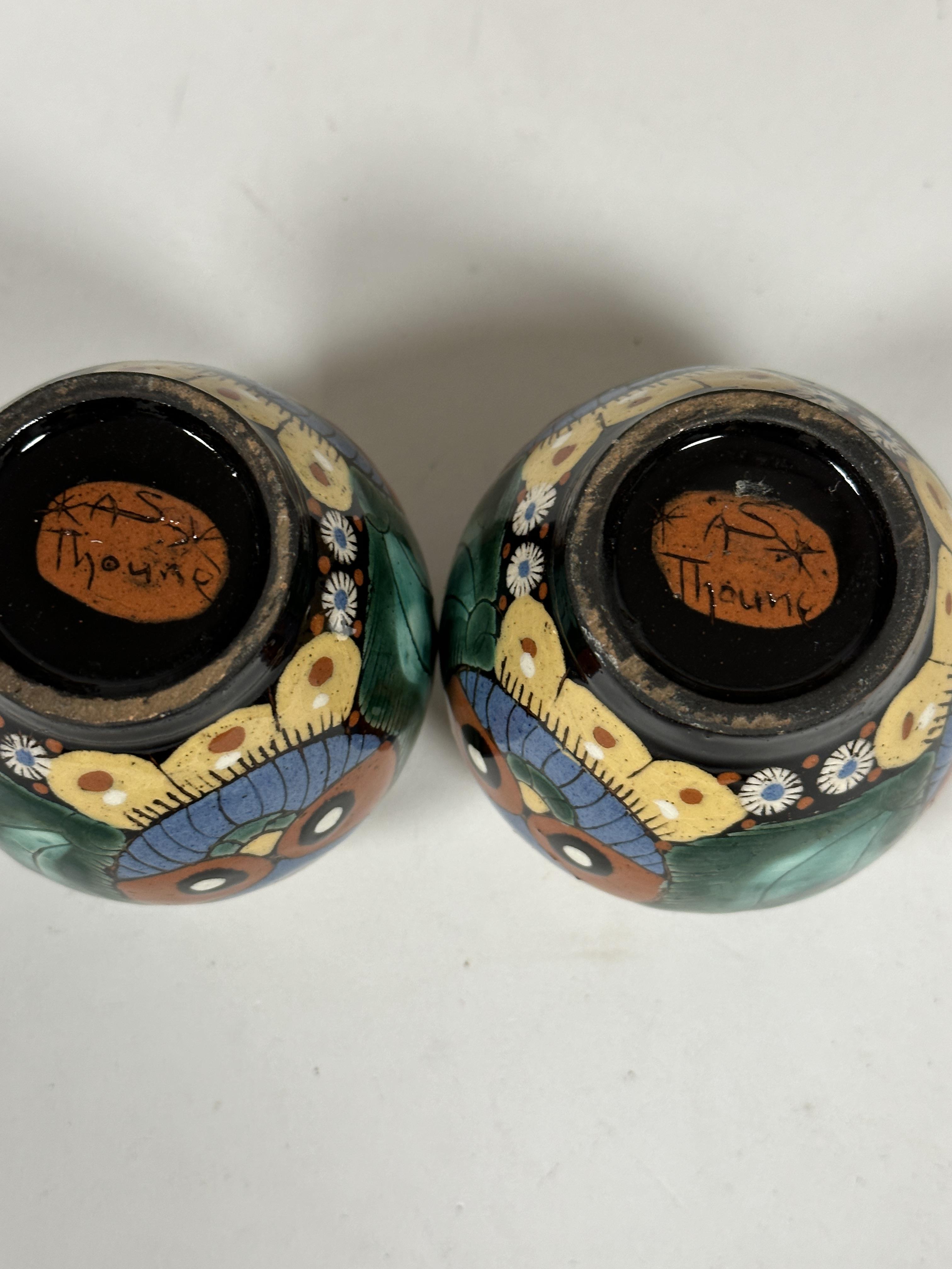 A pair of Swiss Thoune ware miniature folk art style pottery bud vases decorated with bird head - Image 2 of 5