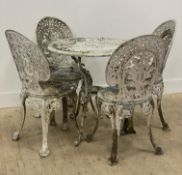 A set of four Victorian style white painted cast aluminium garden chairs (H85cm) and table (H70cm