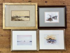 A collection of various works comprising R.W.Fraser, village by the riverbank scene, watercolour,