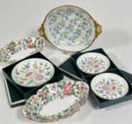 A modern hand painted Paris style Limoges dish with gilt metal mount, (D x 15cm), a pair of Crown