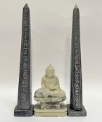 A pair of carved Egyptian style obelisks with hieroglyphic inscriptions (h- 39cm), together with a C