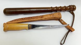 A Finnish J Marttiini stainless steel gralloching knife (l- 33cm), together with a turned wooden cos