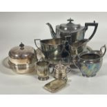 A collection of Epns including a oval engraved three piece tea set, dome top muffin dish and