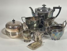 A collection of Epns including a oval engraved three piece tea set, dome top muffin dish and