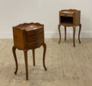 A near pair of French cherry wood bedside tables, each with a shaped galleried top and one fitted