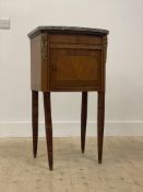 A French Kingwood and walnut bedside cabinet / night commode, the green serpentine marble top over a