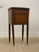 A French Kingwood and walnut bedside cabinet / night commode, the green serpentine marble top over a