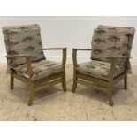 A pair of mid century stained beech framed open armchairs, with upholstered squab cushions, raised