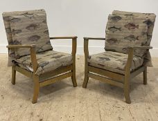 A pair of mid century stained beech framed open armchairs, with upholstered squab cushions, raised