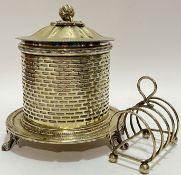 A Mappin and Webb silver plated sugar/honey pot with pierced decoration, ceramic liner, claw feet, a