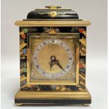 An Elliot of London English chinoiserie lacquered clock, retailed by Mallory Bath, the engraved dial