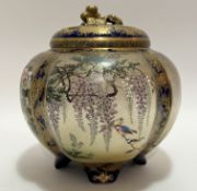 A Kinkozan Satsuma pottery quatrefoil lobed koro/censer with panels depicting roosters, wisteria,